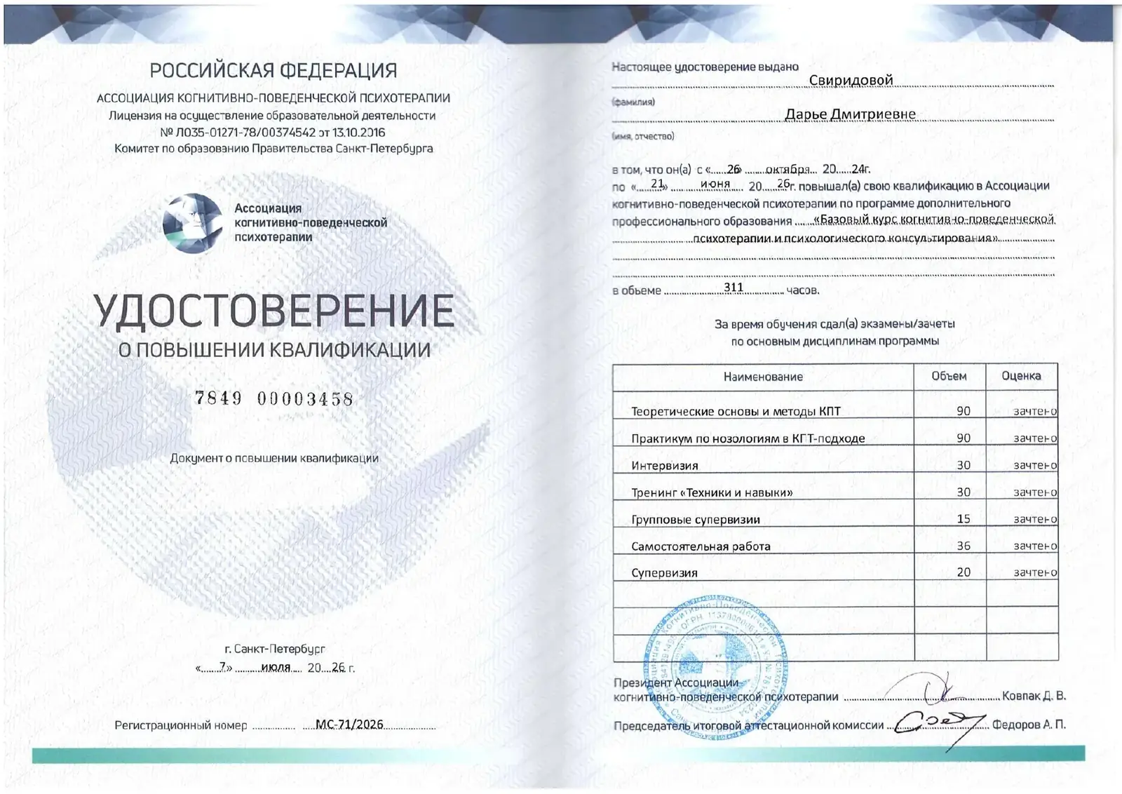 Удостоверение Дарьи Свиридовой о повышении квалификации по КПТ